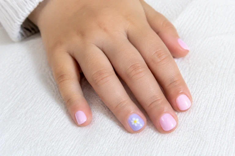 Child-friendly pastel daisy nail art on short nails