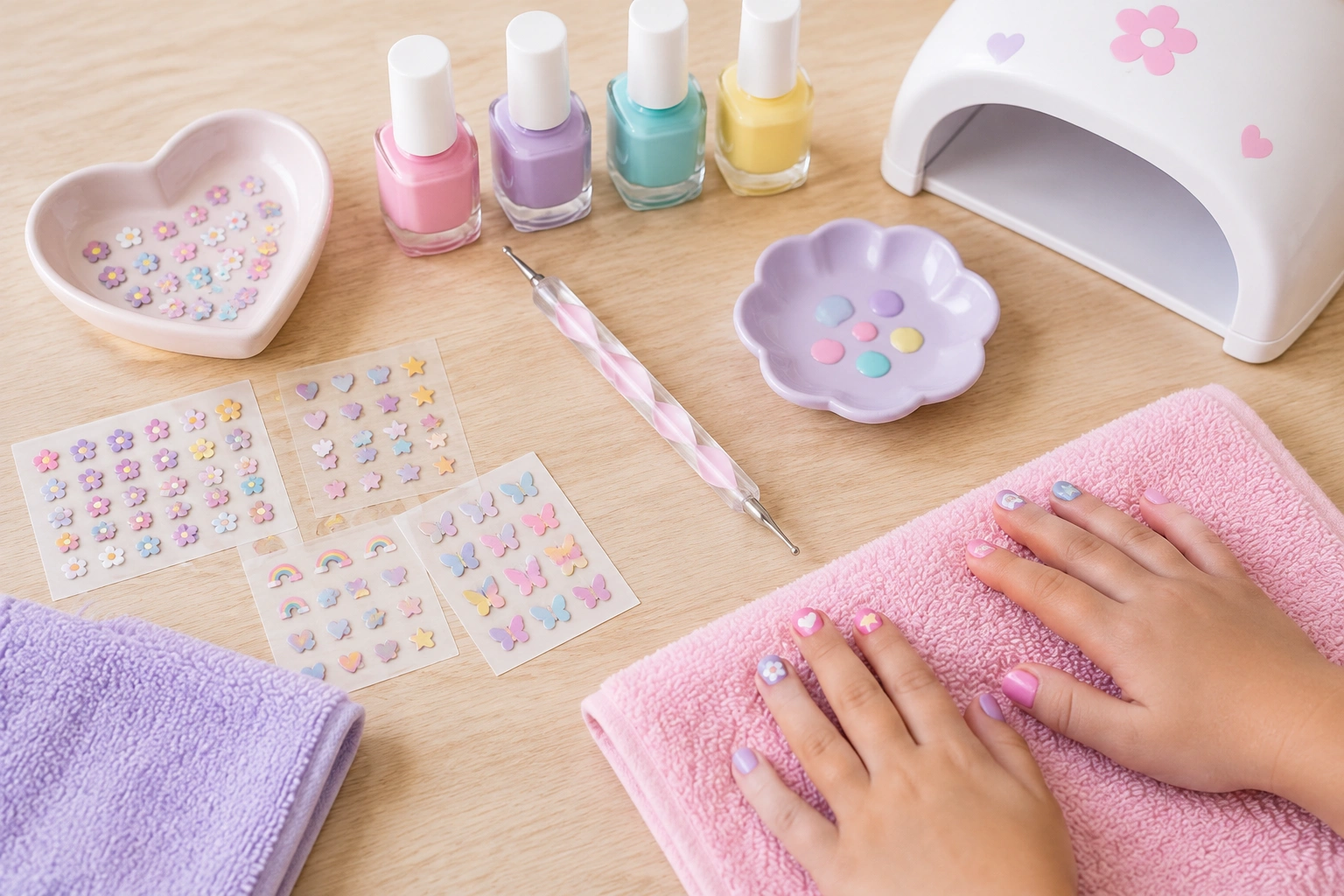 Dotting tool and nail stickers for kid-friendly flower nails