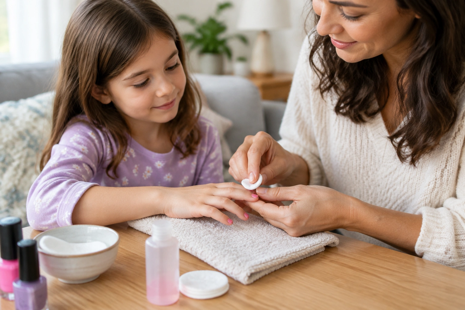 Parent gently removing flower nail polish from a child’s nails