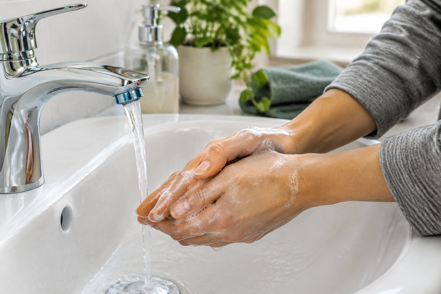 Hands washing nails gently with mild soap and water