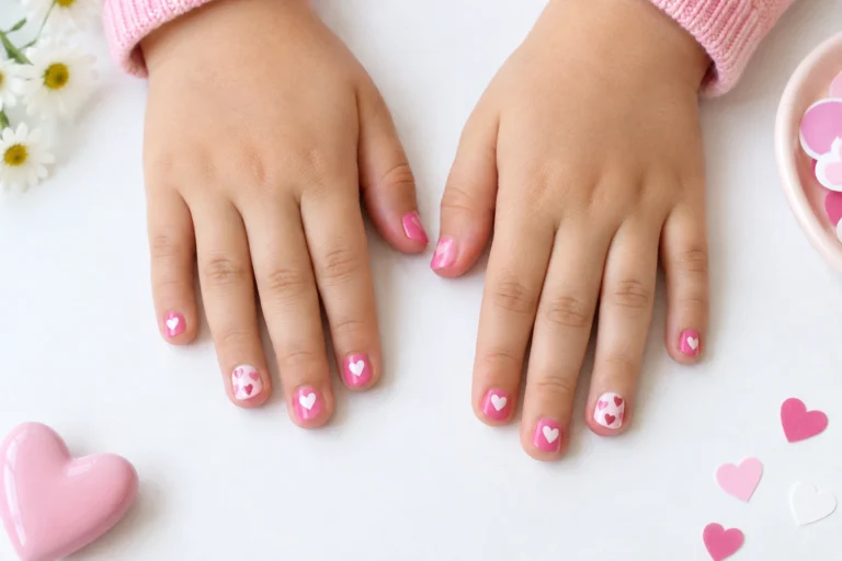 Kid-friendly heart nail designs on short nails with pink and white accents