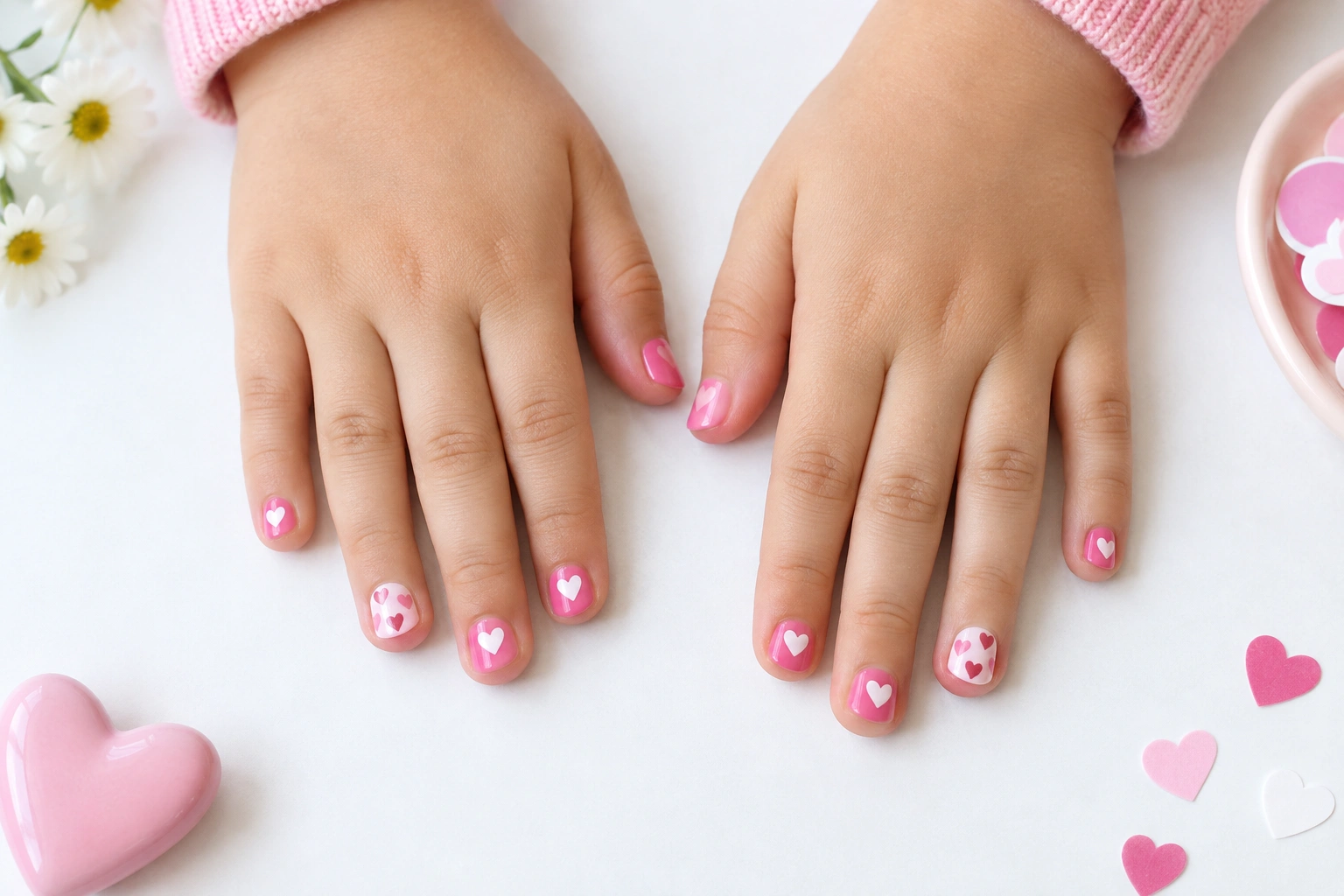 Kid-friendly heart nail designs on short nails with pink and white accents