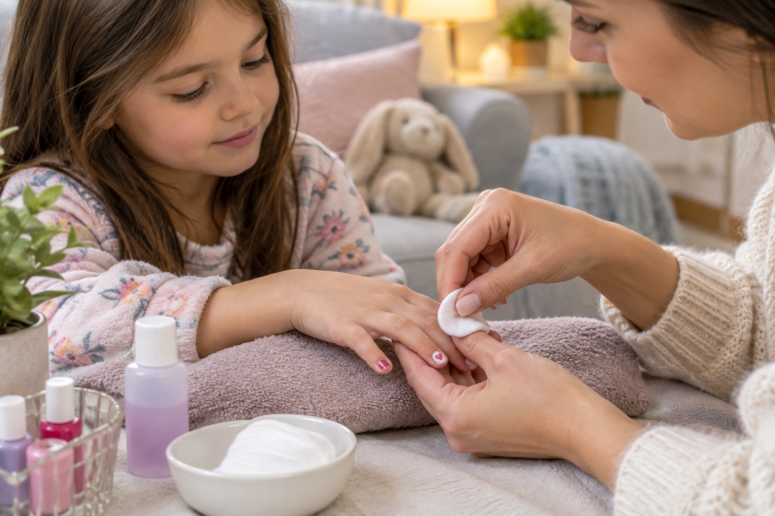 Parent gently removing heart nail polish from a child’s nails with cotton pad