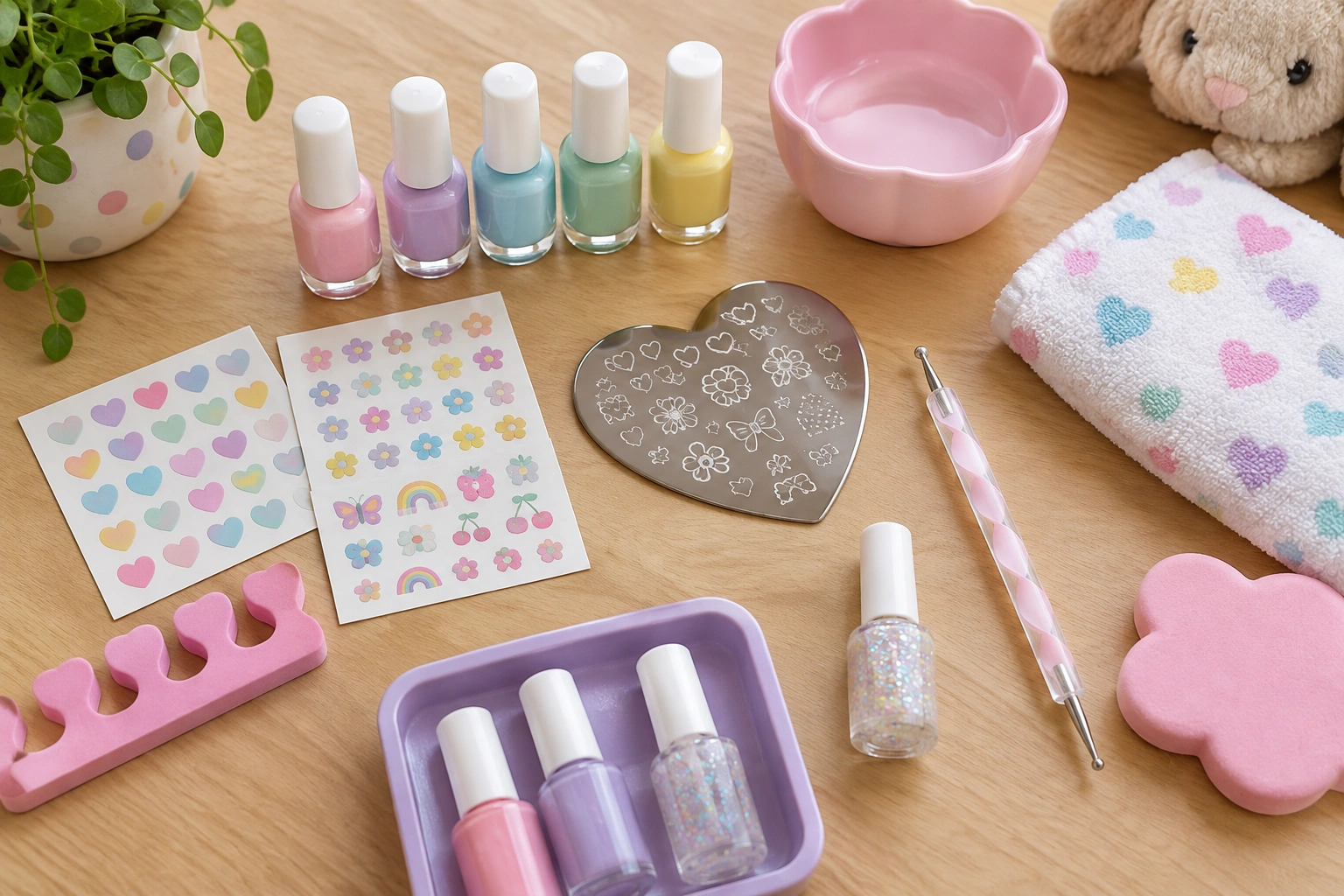 Nail stickers, stamping plate, and dotting tool for kid-friendly heart nail art