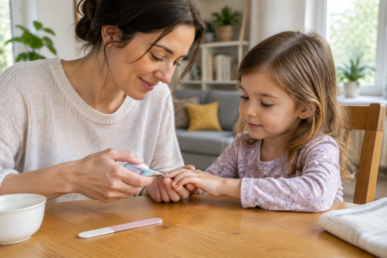 Parent helping a child prepare for nail care with clean hands and basic tools