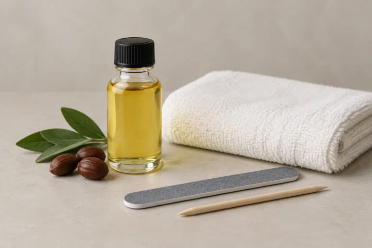 Bottle of jojoba oil with nail care tools on a clean surface