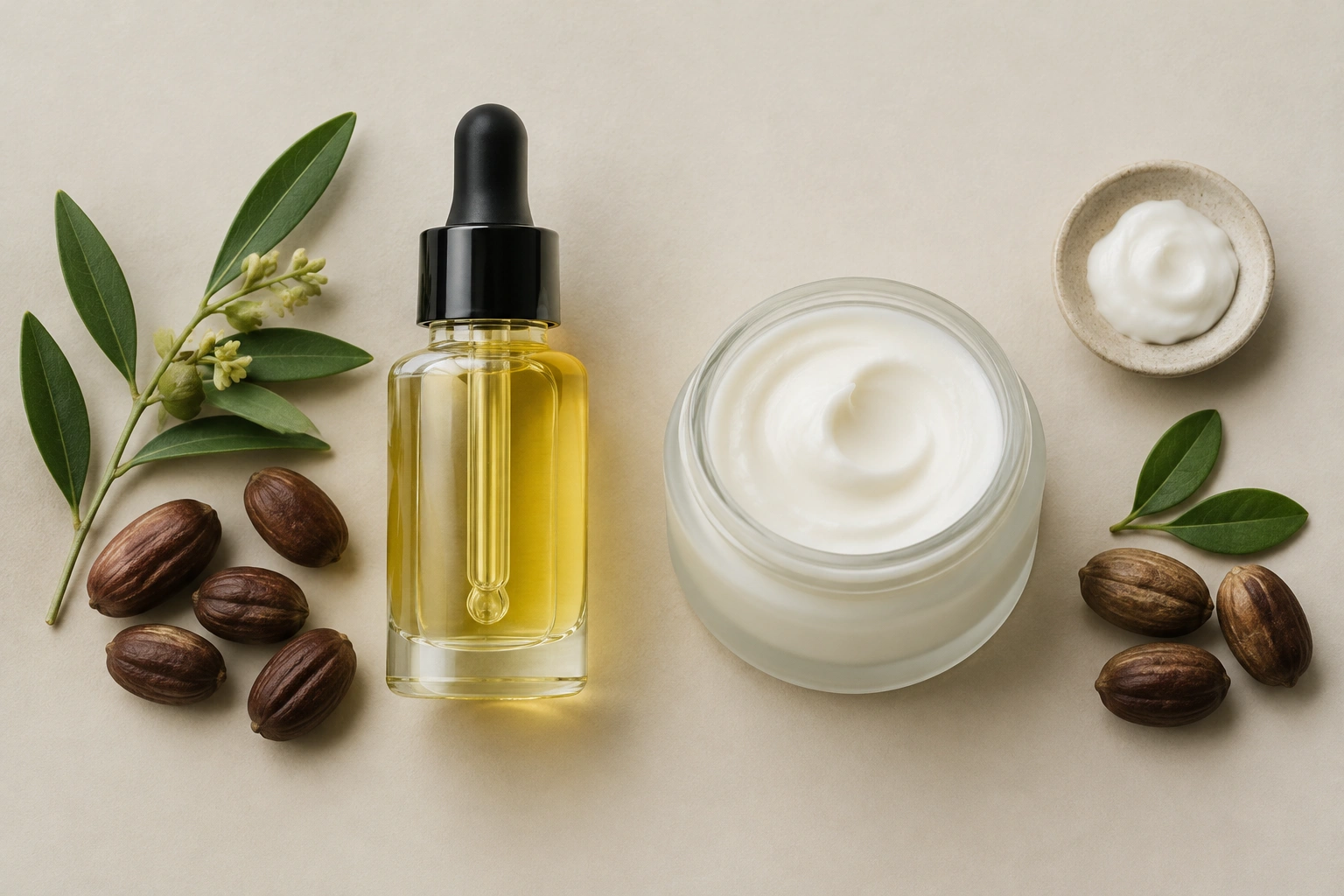 Jojoba nail oil bottle next to a cuticle cream jar on a neutral background