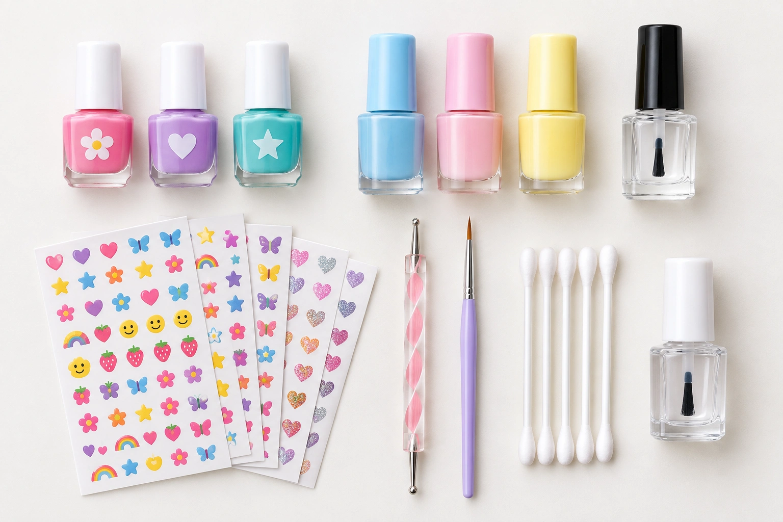 Nail polish, dotting tool, stickers, and cotton swabs for kids nail art