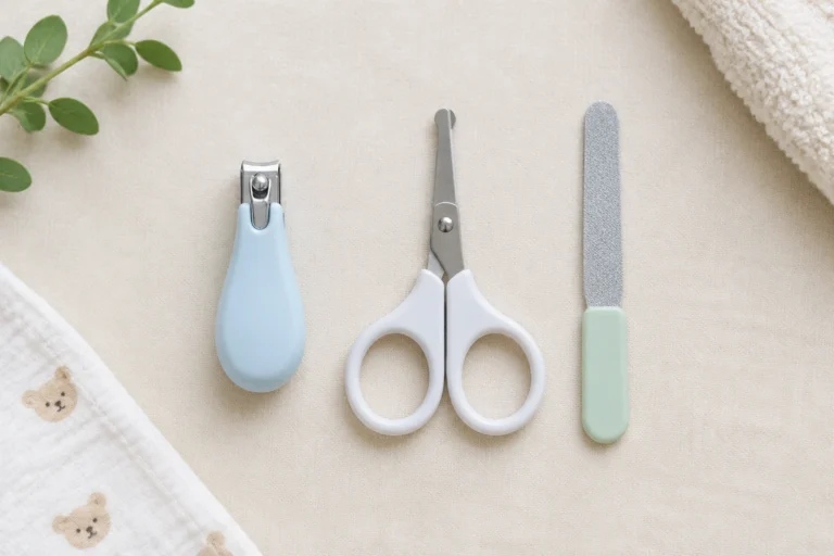 Baby nail clippers, round-tip scissors, and a nail file for kids