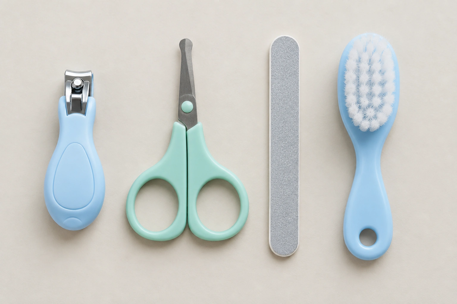Nail clippers, emery board, and soft brush arranged for children’s nail care