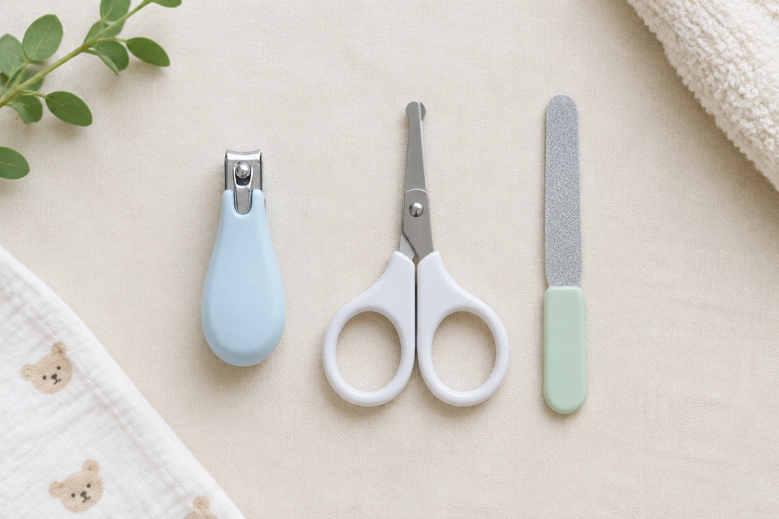 Baby nail clippers, round-tip scissors, and a nail file for kids