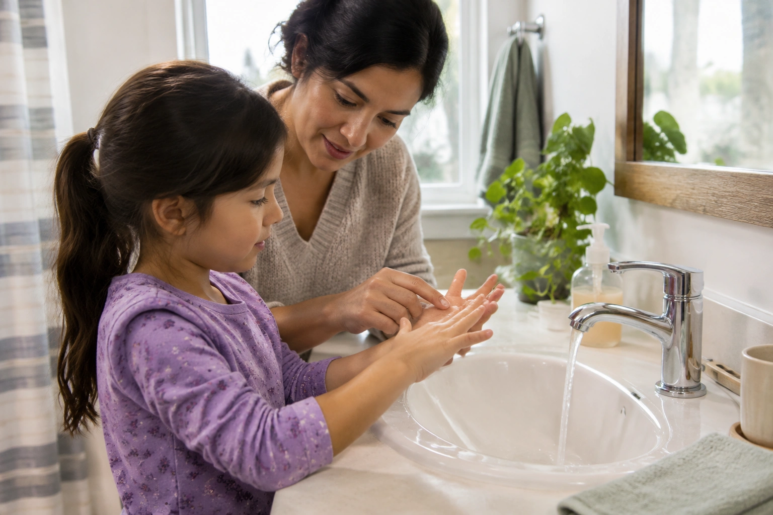 Parent gently cleaning a child’s nails after handwashing