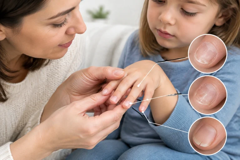 Parent checking a child’s brittle fingernails for dryness and splitting