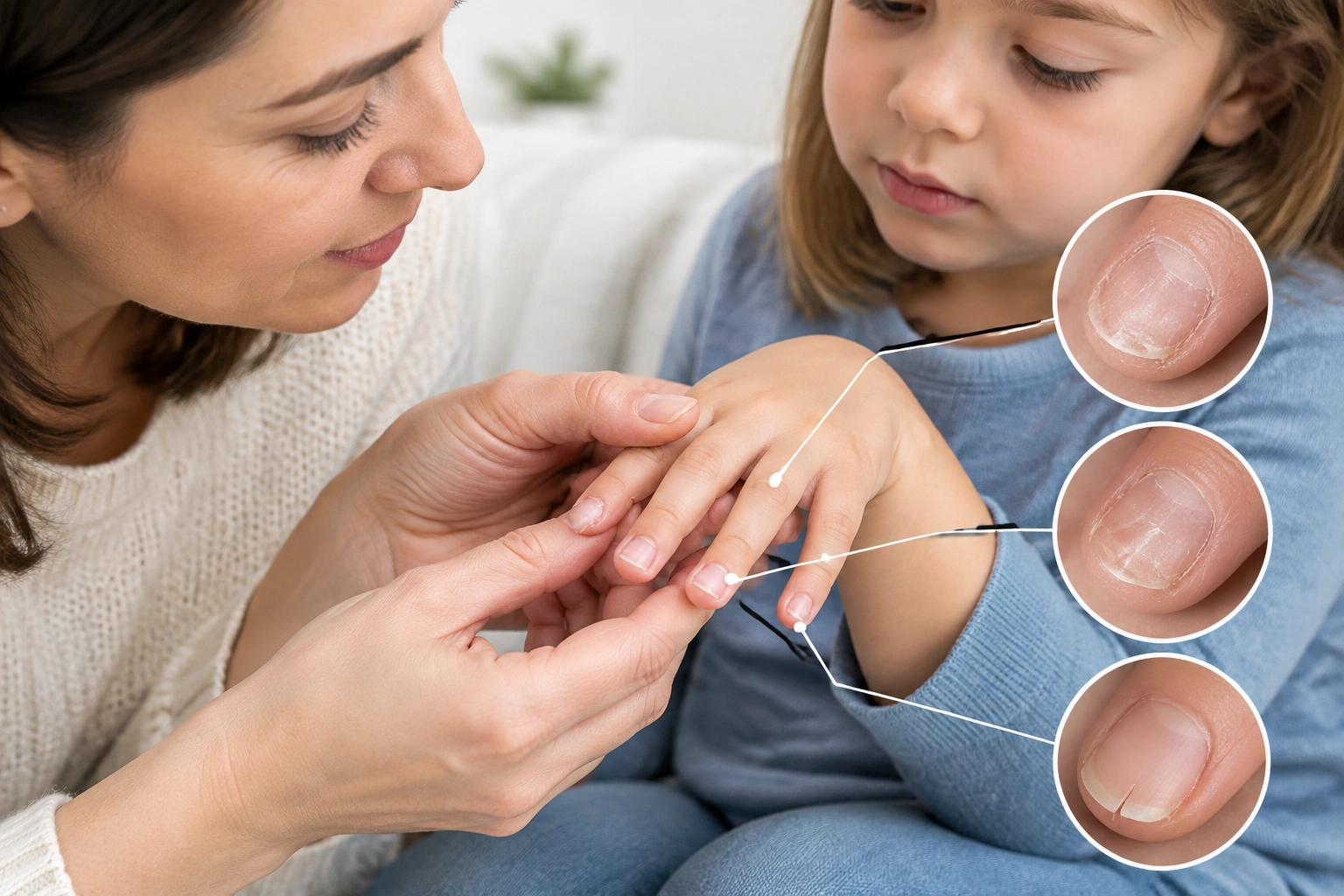 Parent checking a child’s brittle fingernails for dryness and splitting