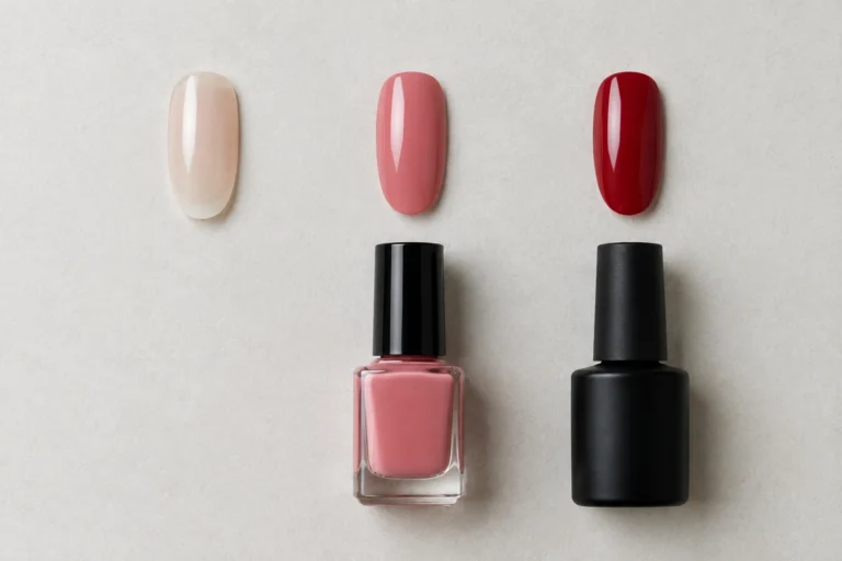 Simple editorial flat lay showing bare nail, regular polish, and gel polish samples arranged for comparison