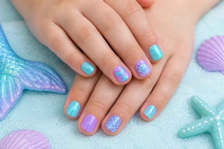 Child-friendly mermaid nails in aqua and lavender with shimmer
