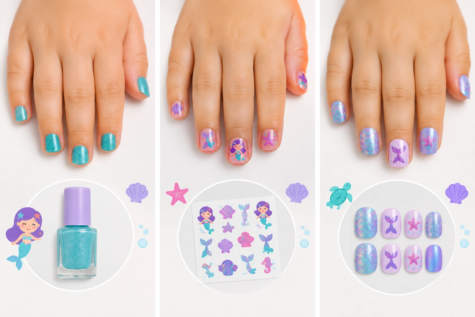 Comparison of polish stickers and press-ons for kids mermaid nails