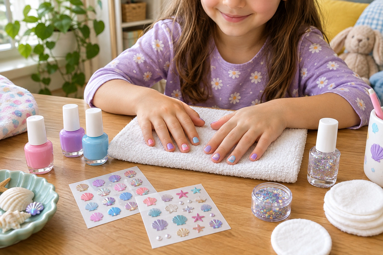 DIY mermaid nails for kids with stickers and glitter polish