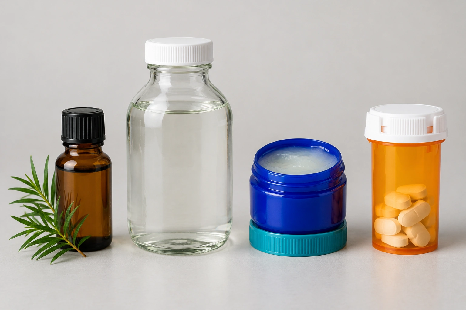 A clean flat lay of home remedy items and a prescription medicine bottle