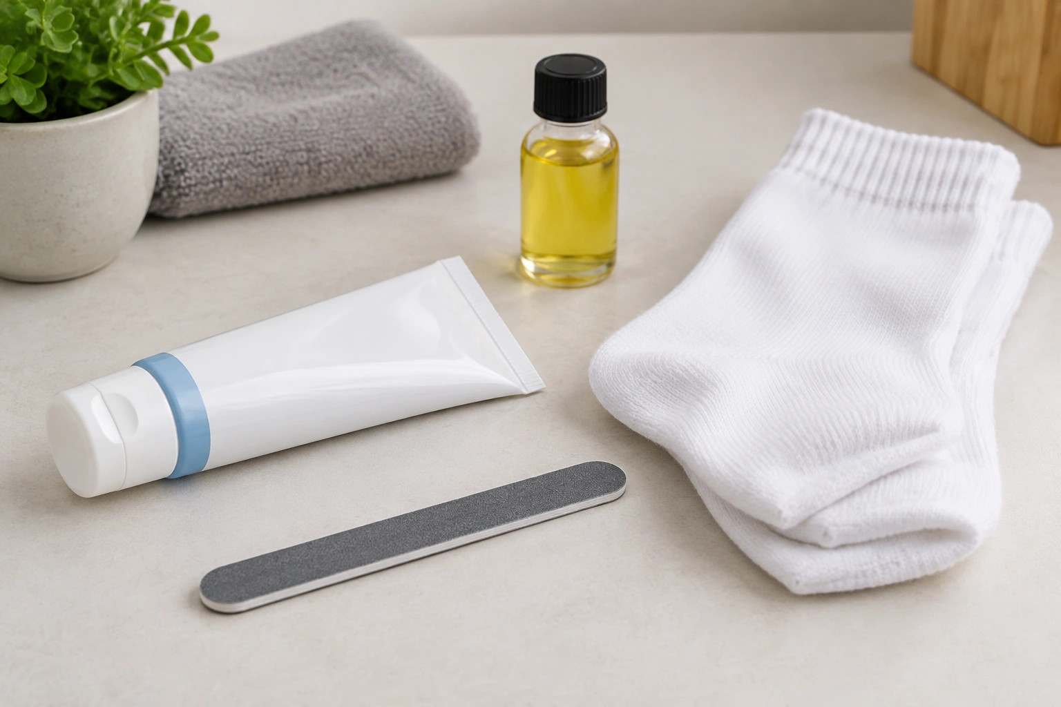 Close-up of antifungal cream tube, nail file, and clean socks on a table