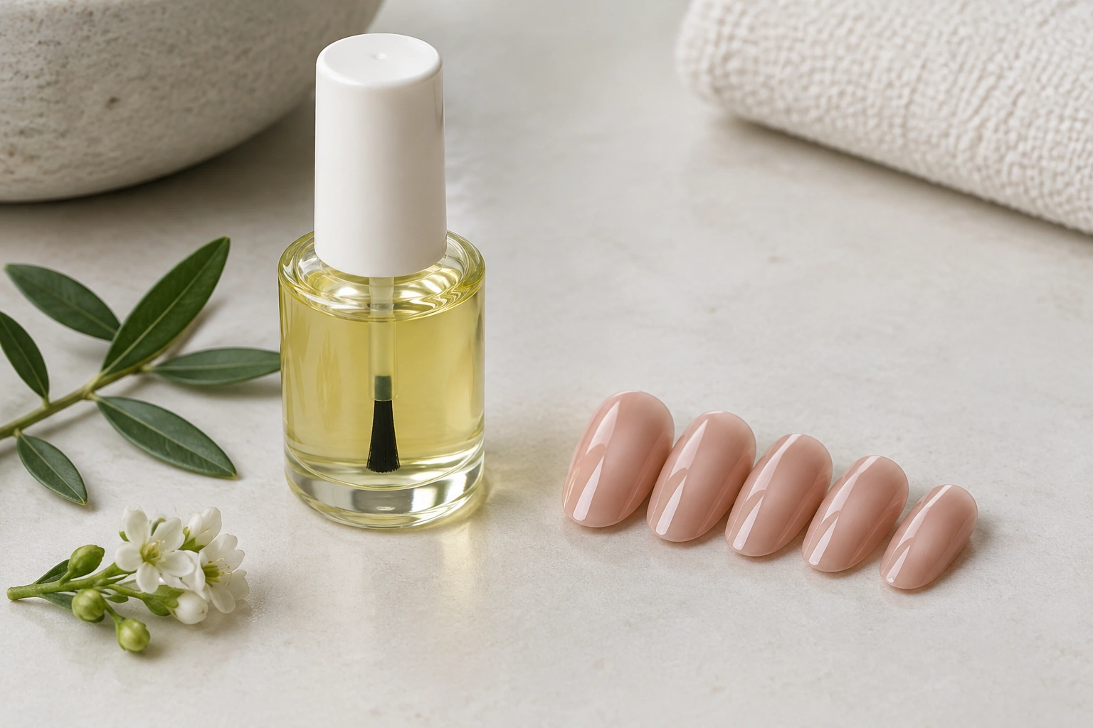 Close-up of a nail oil bottle beside a polished manicure on a clean surface
