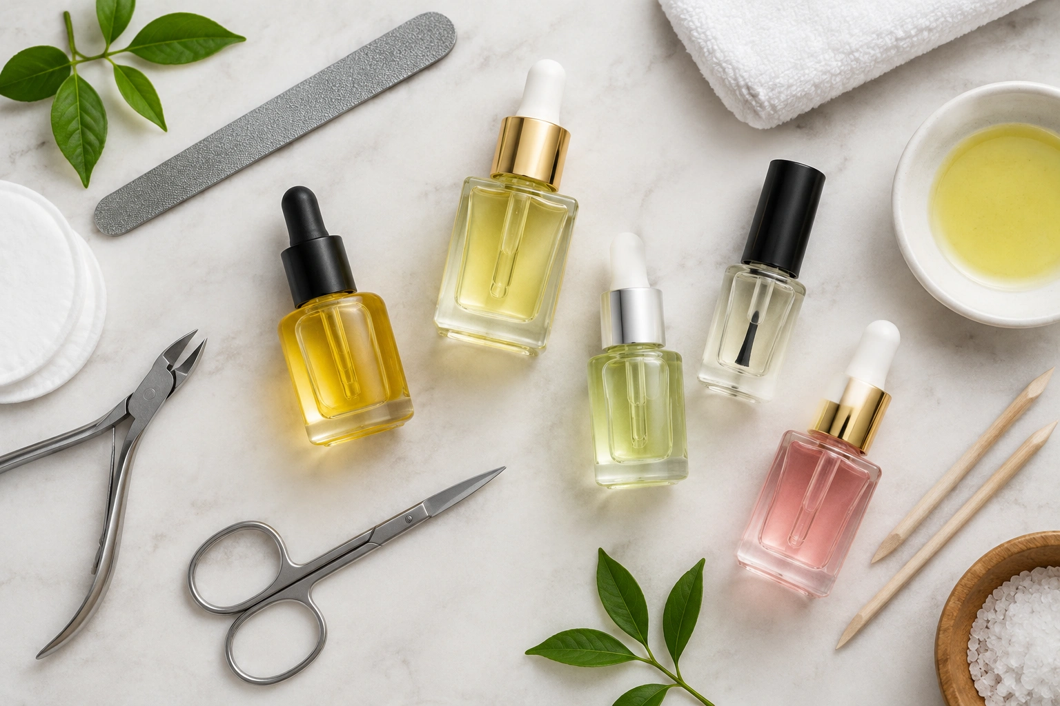 Assorted nail care oils and manicure tools arranged neatly