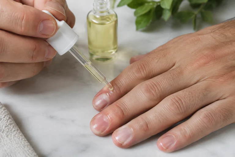 Close-up of nail oil being applied to fingernails and cuticles