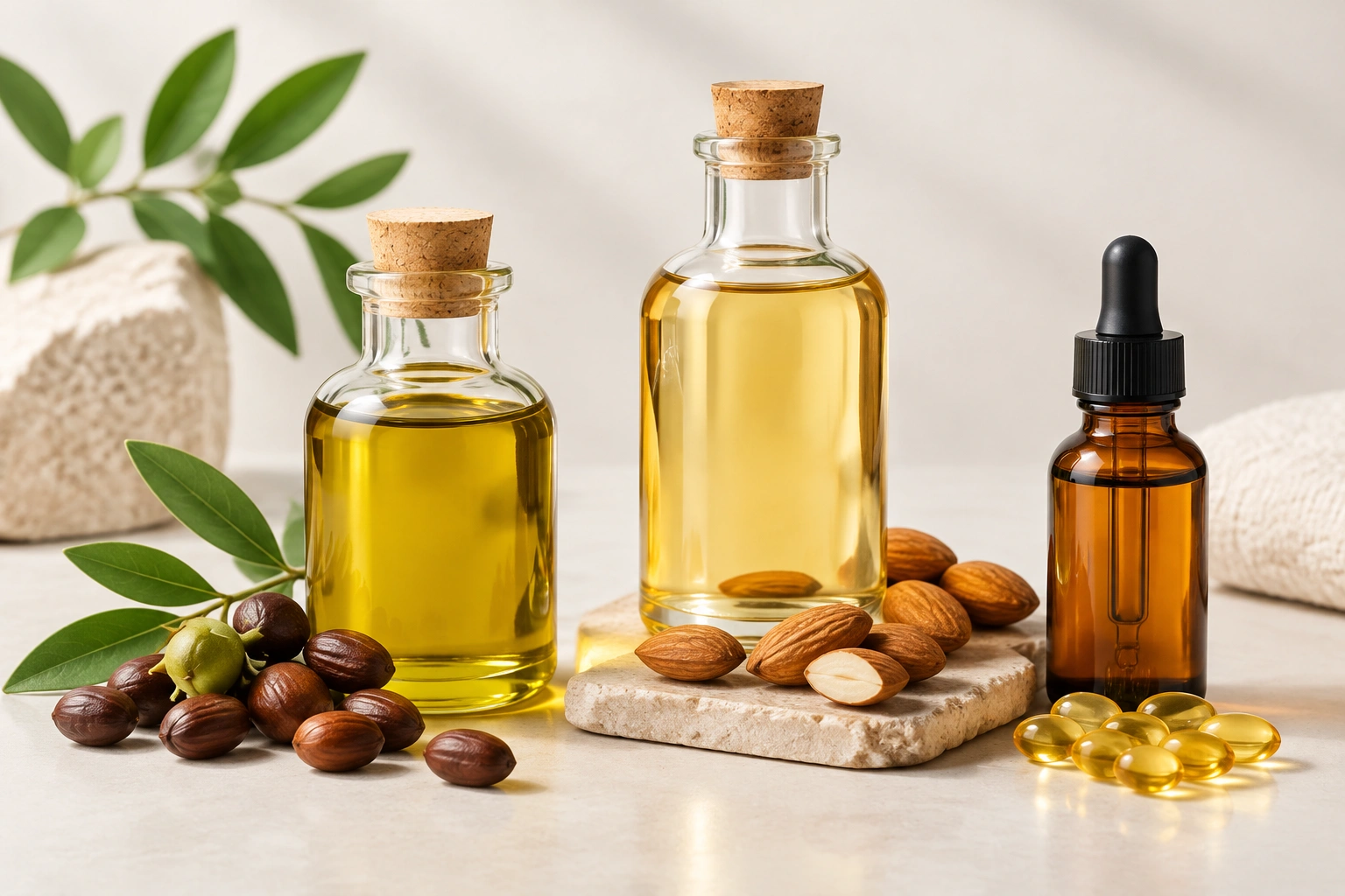 Jojoba oil, almond oil, and vitamin E bottles arranged neatly