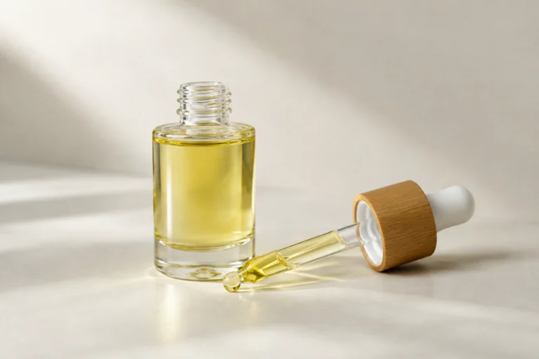 Nail oil bottle and dropper on a neutral surface