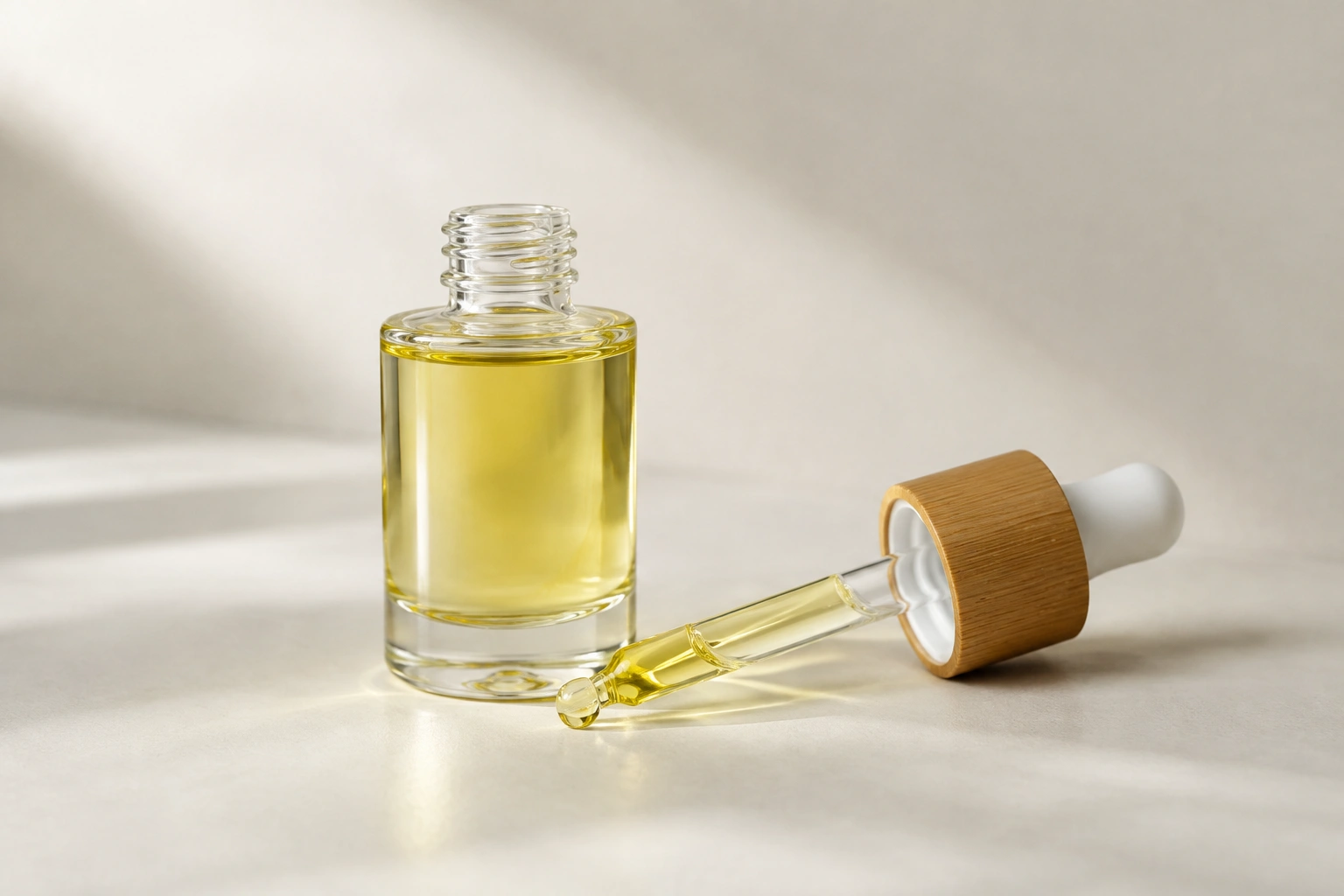 Nail oil bottle and dropper on a neutral surface