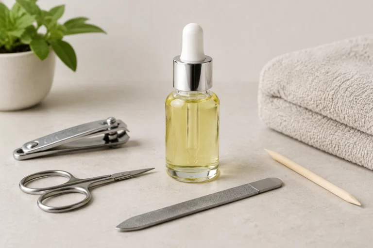 Glass bottle of nail oil beside manicure tools on a clean surface
