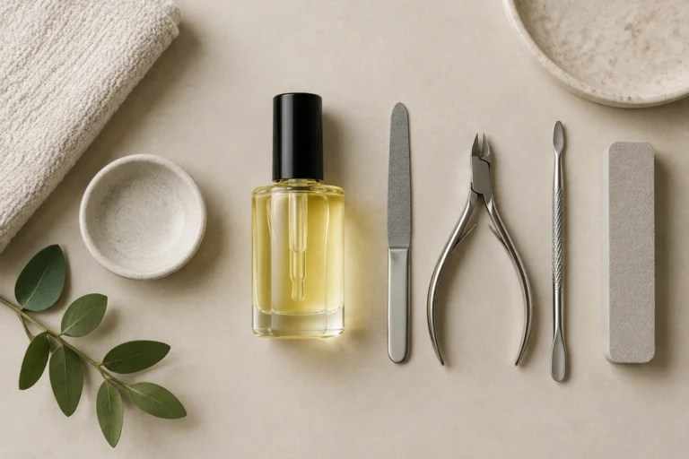 Nail oil bottle beside manicure tools on a clean surface