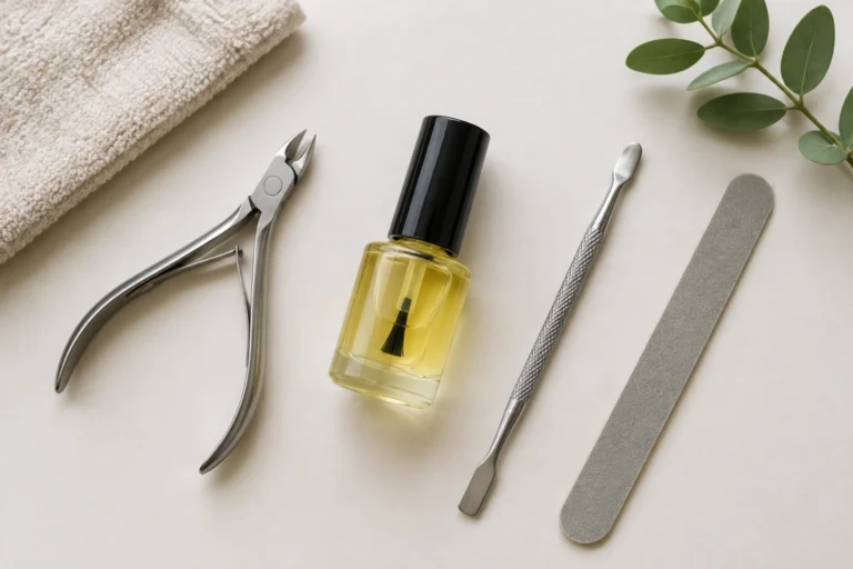 Nail oil bottle beside manicure tools on a clean surface