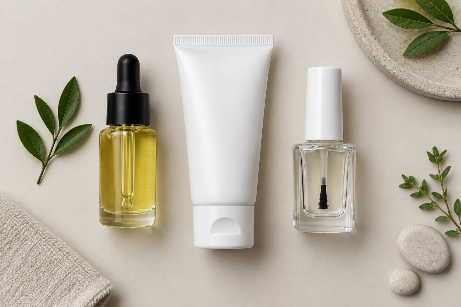 Minimal beauty flat lay showing nail oil, hand cream, and a nail strengthener bottle