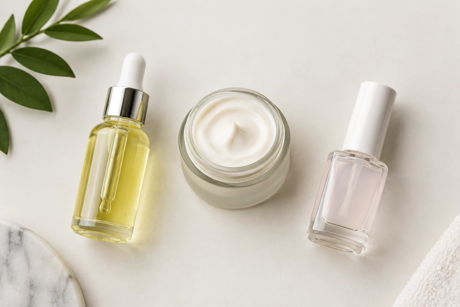 Minimal flat lay of nail oil bottle, cuticle cream jar, and nail hardener bottle on a light surface