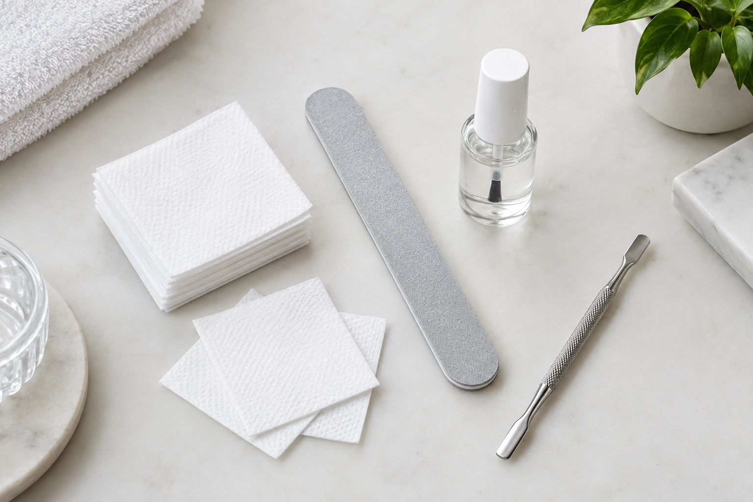 Nail prep tools on a clean surface for manicure application