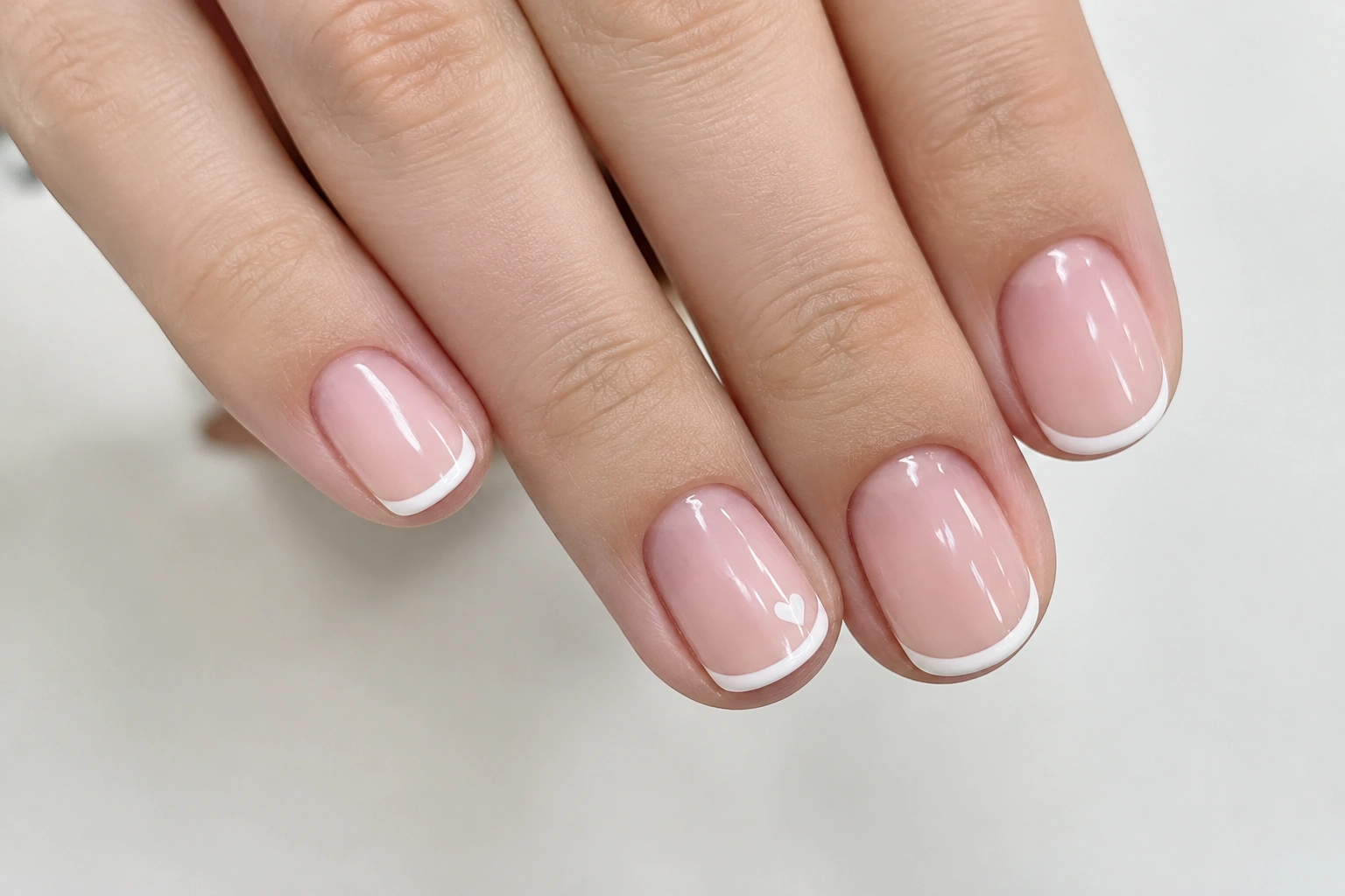Short natural nails with micro French tips and a tiny accent nail