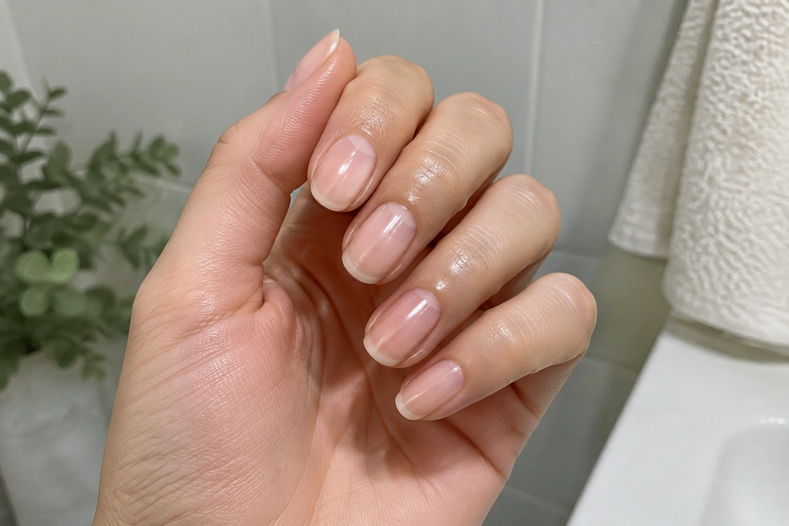 Natural nails shaped neatly and finished with cuticle oil