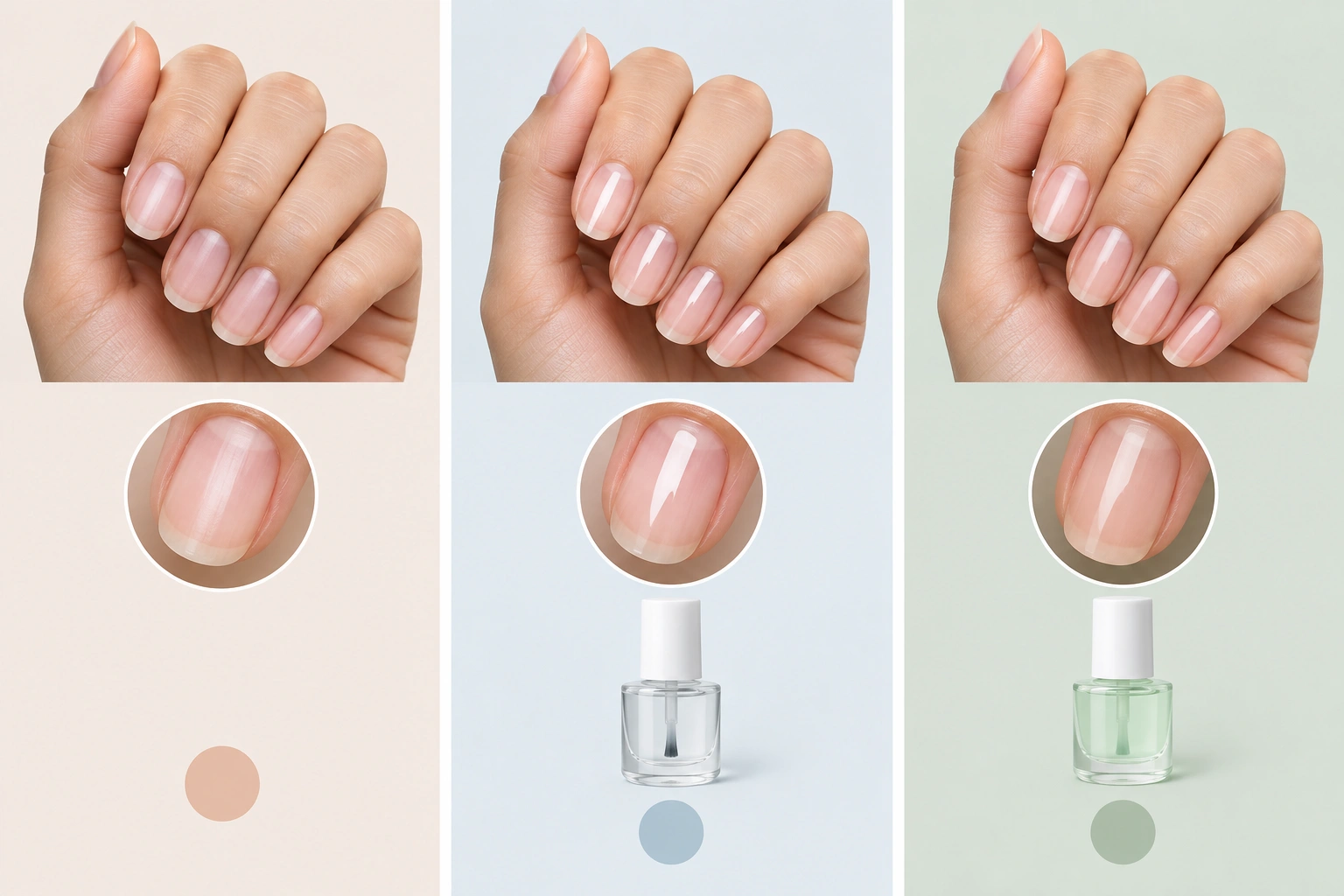 Comparison of natural nail options including bare nails clear polish and nail strengthener
