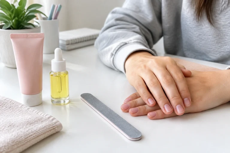 Teen natural nails kept short and neat with simple care tools