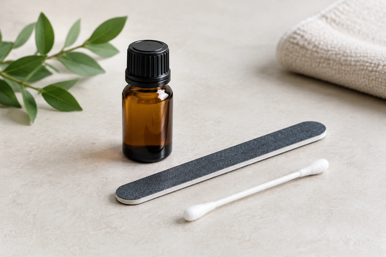 A bottle of oregano oil beside a nail file and cotton swab