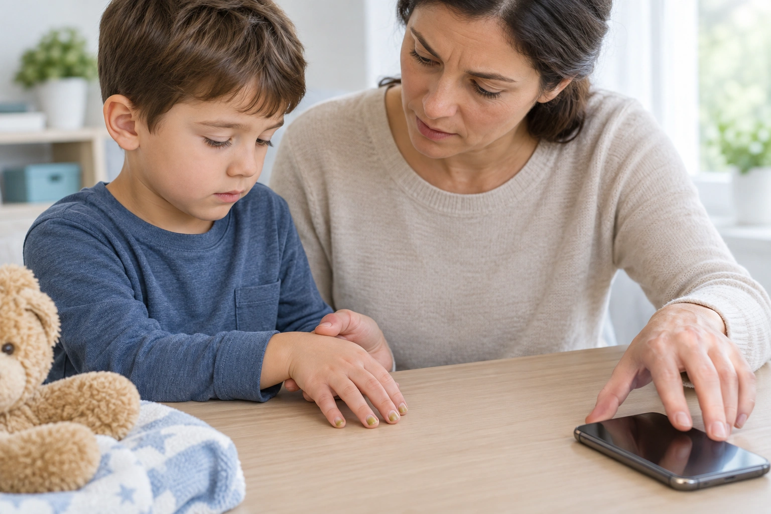 Child nail with discoloration and a parent preparing to call the pediatrician