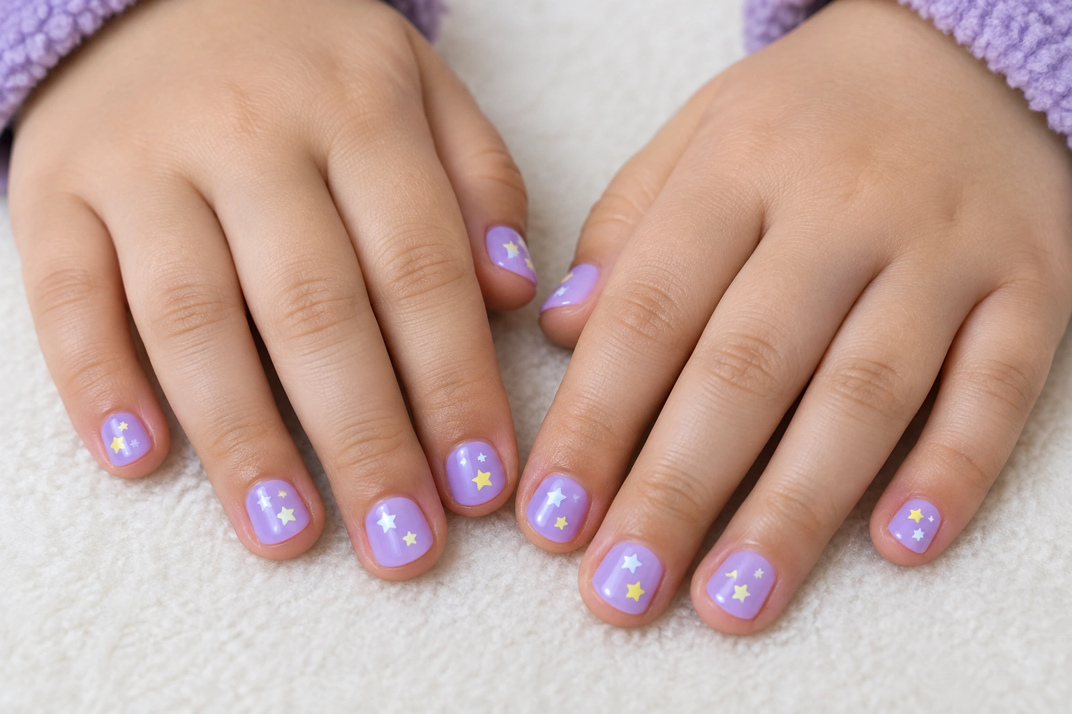 Short princess nails with lavender polish and star stickers