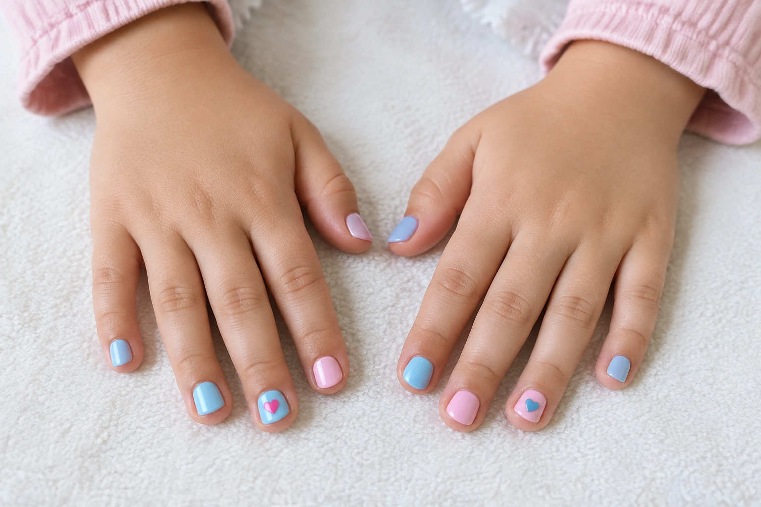 Little girls princess nail art with pastel polish and a tiny heart sticker