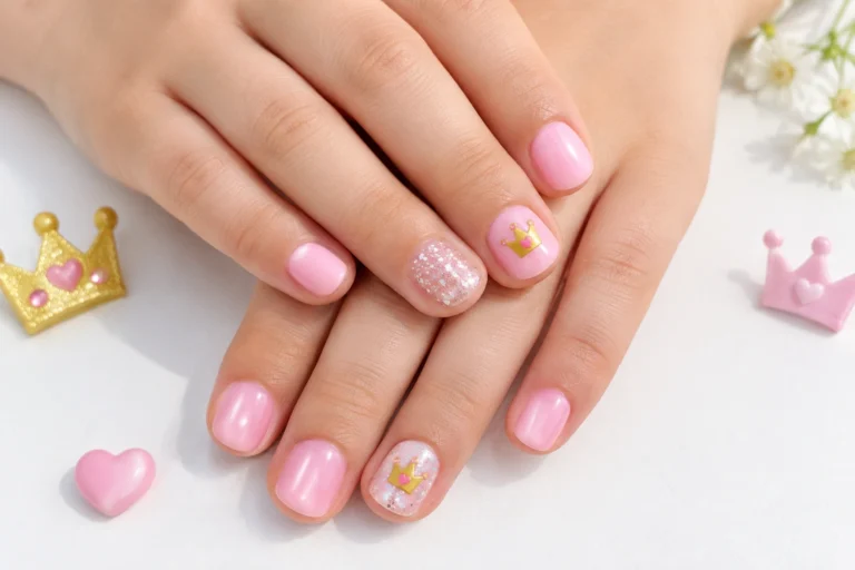 Little girls princess nail art with pink polish and crown stickers