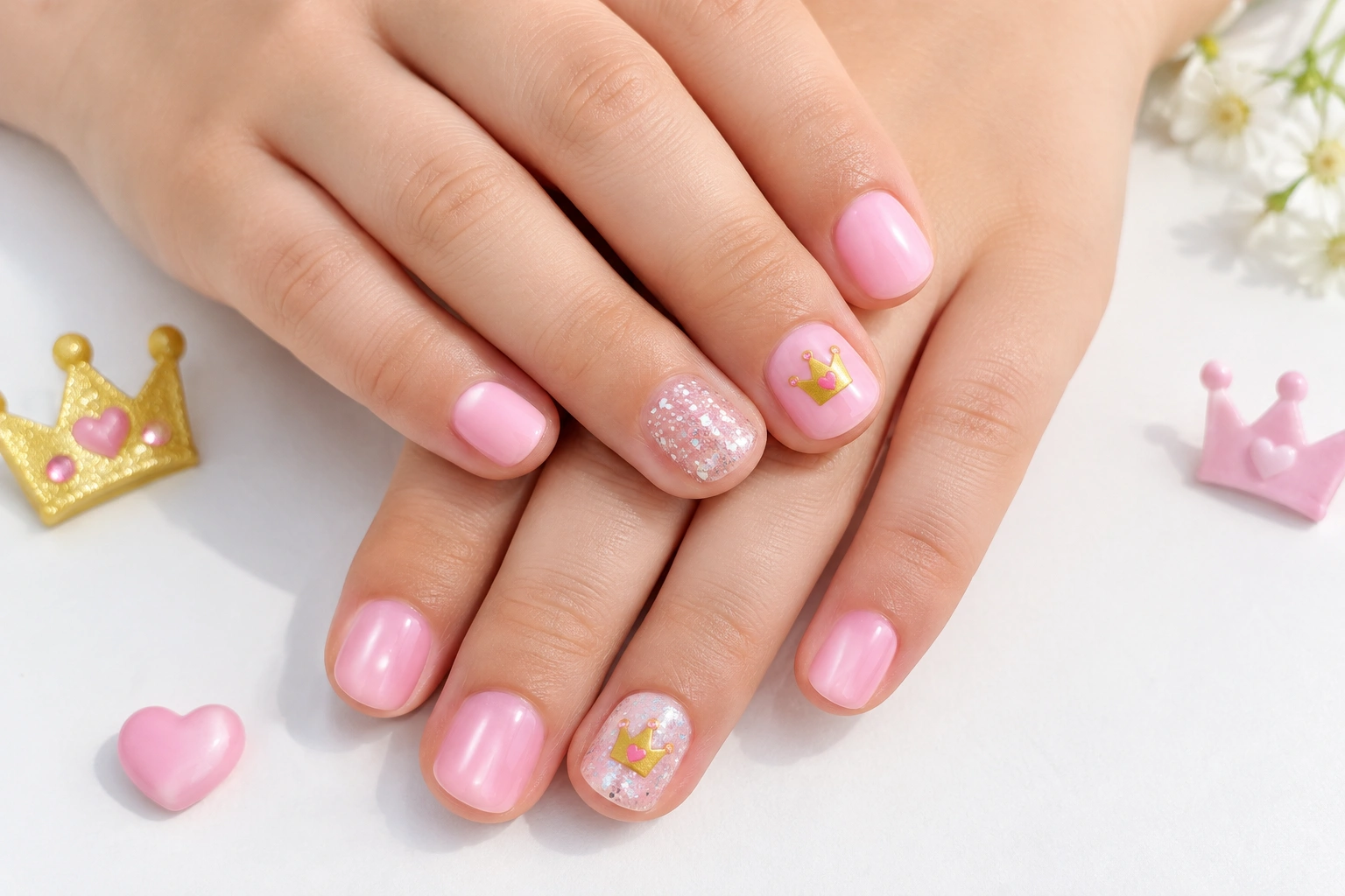 Little girls princess nail art with pink polish and crown stickers