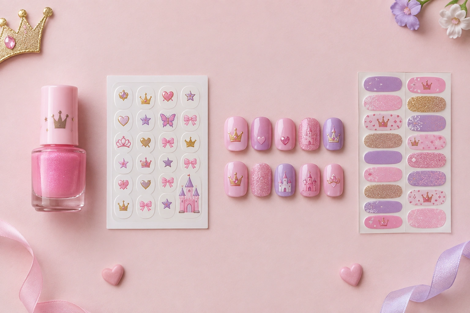 Comparison of kids princess nail options including polish stickers press-ons and wraps
