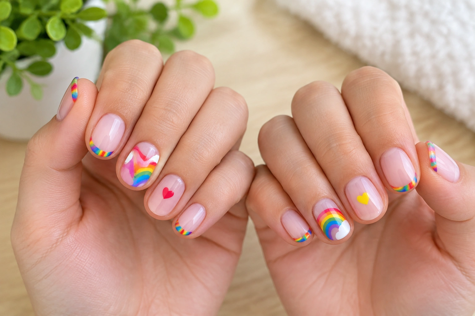 Child-friendly rainbow accent nail manicure on short nails