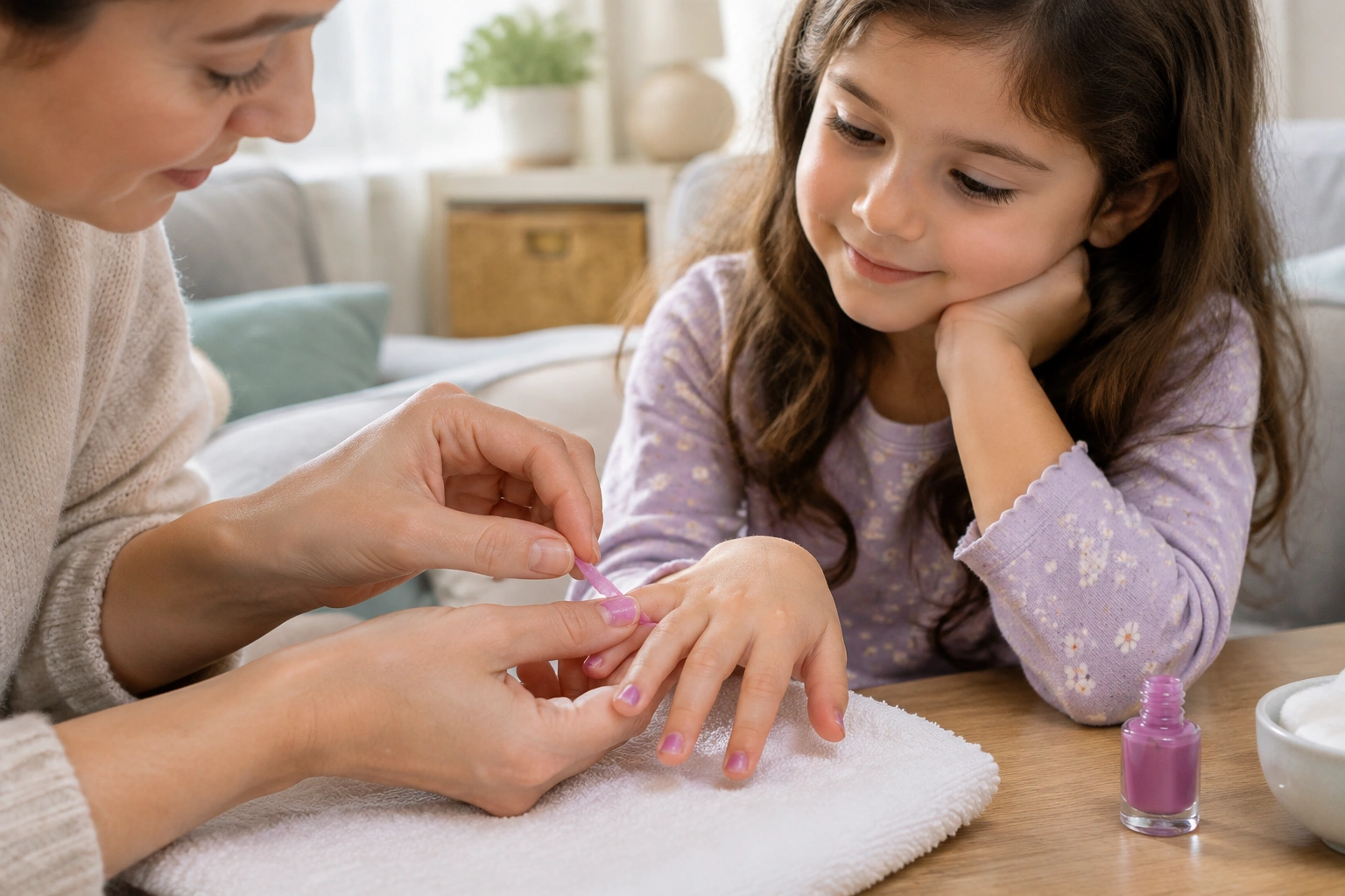 Parent gently removing kid-safe rainbow nail polish from small nails