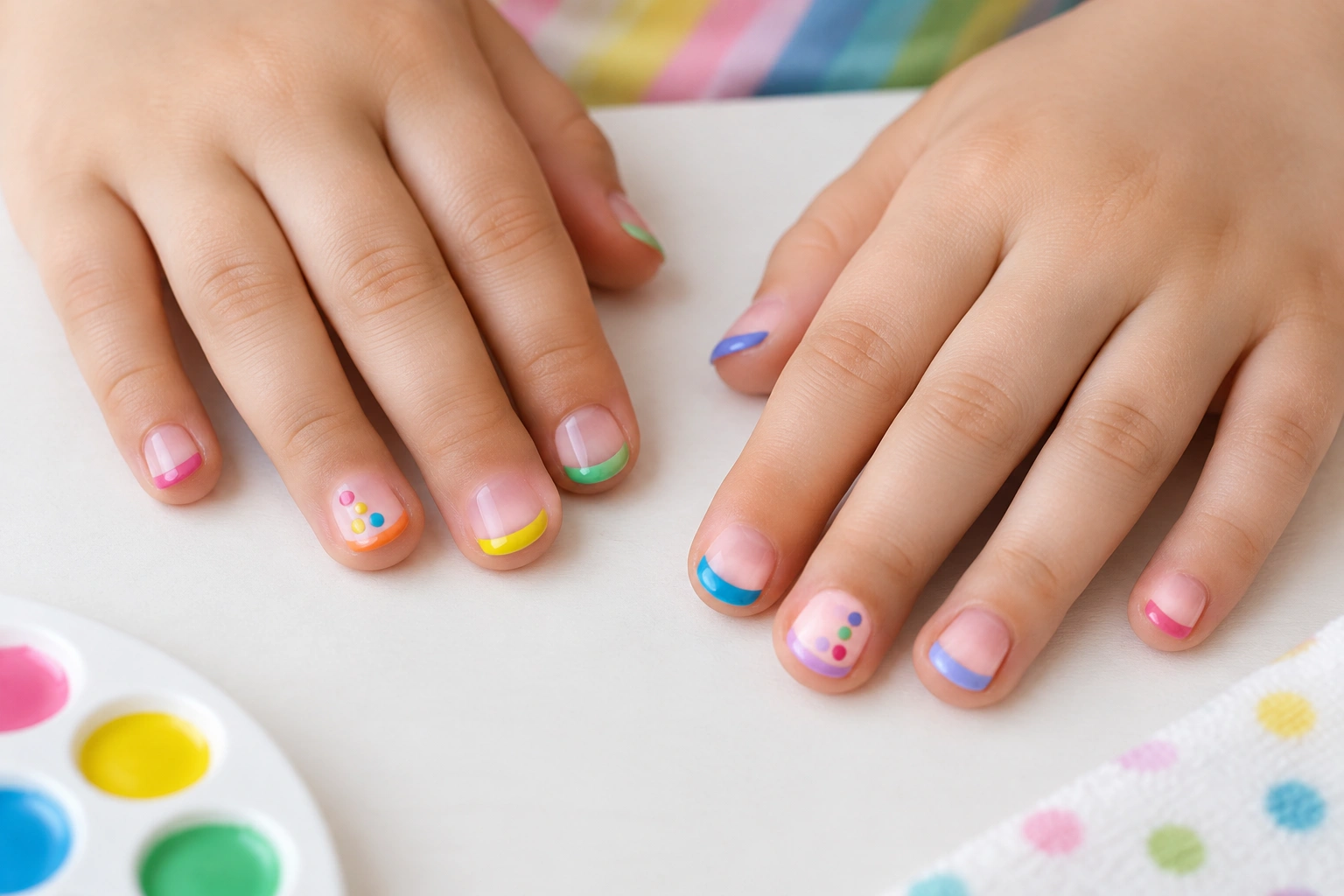 Kids rainbow tips and dot manicure on short nails